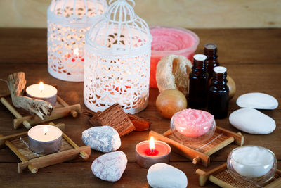 High angle view of candles on table