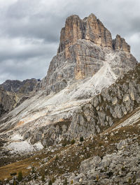 Low angle view of rocky mountains against sky