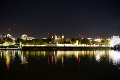 Reflection of buildings in city at night
