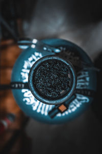High angle view of black coffee