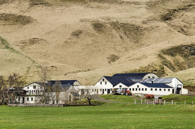 Large agricultural complex with modern barns and equipment between a green meadow and grassy slopes