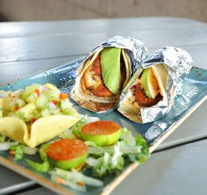 High angle view of food in plate