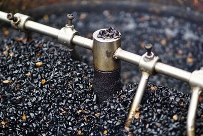 High angle view of metal in container