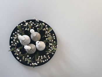 High angle view of eggs in bowl on table