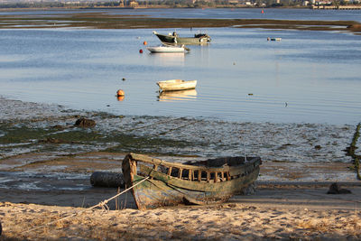 Boat moored on shore