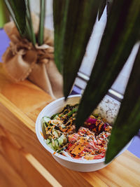 High angle view of meal served on table