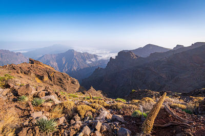 Panoramic view of landscape and mountains against clear sky