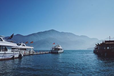 Scenic view of sea against clear blue sky