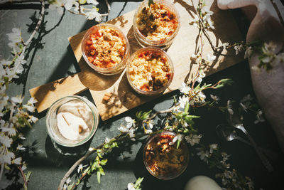 High angle view of food served on table