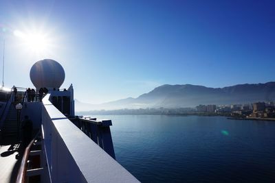 Panoramic shot of sea against clear blue sky