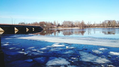 Scenic view of lake against clear blue sky