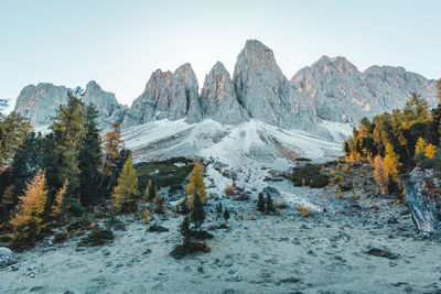 Scenic view of snowcapped mountains against clear sky