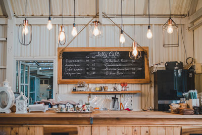 Illuminated light bulbs in restaurant