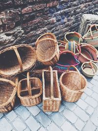 High angle view of wicker baskets for sale at market