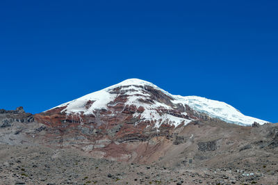 Scenic view of snowcapped mountains against clear blue sky