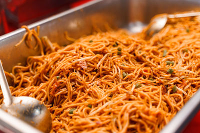 High angle view of noodles in container