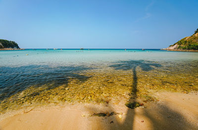 Scenic view of sea against clear blue sky