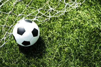 High angle view of soccer ball on field