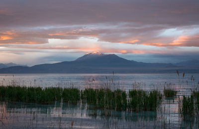 Scenic view of lake against sky during sunset