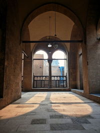 Illuminated entrance of historic building