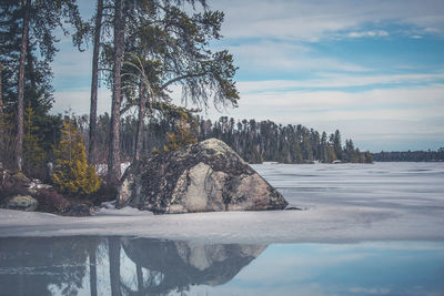 Reflection of rock and trees on lake during winter