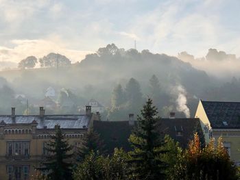 Panoramic view of buildings and trees against sky