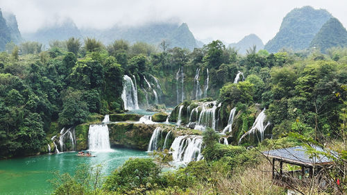 Panoramic view of waterfall in forest