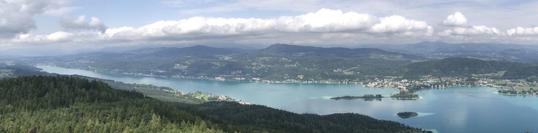 Panoramic view of landscape and lake against sky