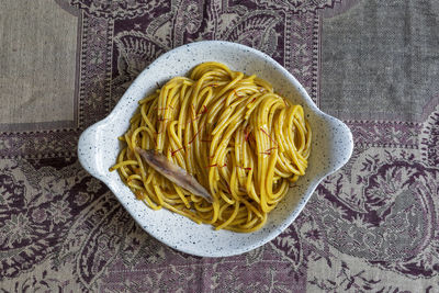 Directly above shot of noodles in plate on table