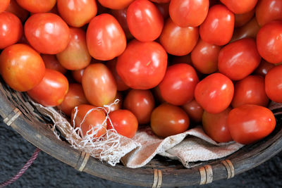 High angle view of tomatoes in basket