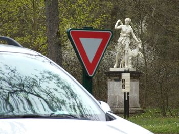 Road sign by trees in forest