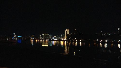 Reflection of illuminated buildings in calm water at night