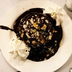 High angle view of dessert in plate on table