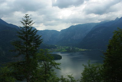 Scenic view of lake against cloudy sky