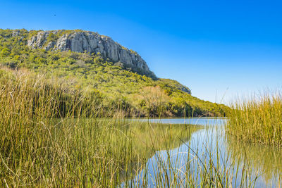 Scenic view of lake and mountains against clear blue sky