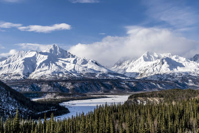 Scenic view of snowcapped mountains against sky