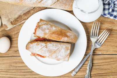 High angle view of breakfast served on table