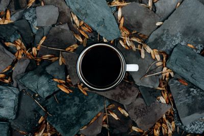 Close-up of coffee cup on land