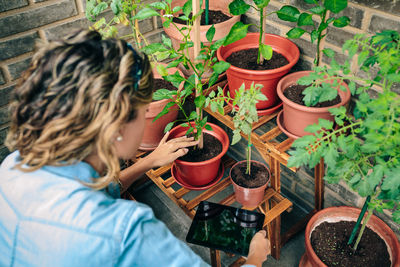 High angle view of woman holding potted plant