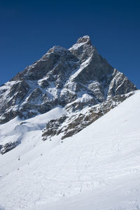 Scenic view of snowcapped mountains against clear blue sky