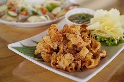 Close-up of served food in plate