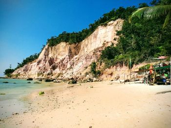 Scenic view of beach against clear blue sky