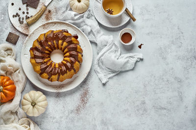 High angle view of breakfast on table