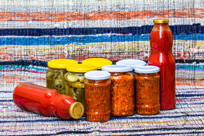 Close-up of bottles on table