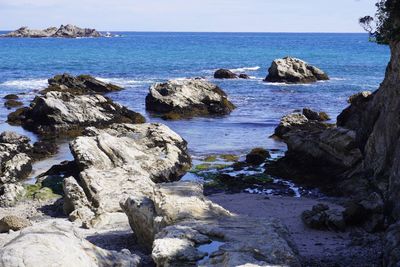 Rocks on shore by sea against sky