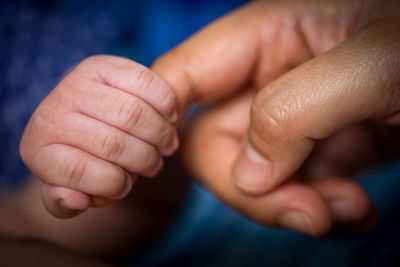 Close-up of father holding baby hand