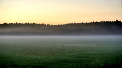 Foggy landscape against sky during sunset