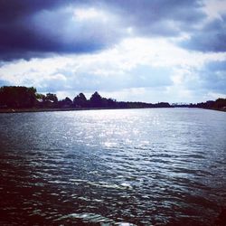 Scenic view of lake against cloudy sky