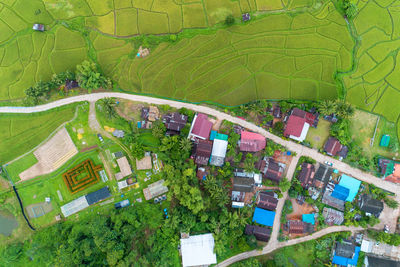 Aerial view of houses and farm