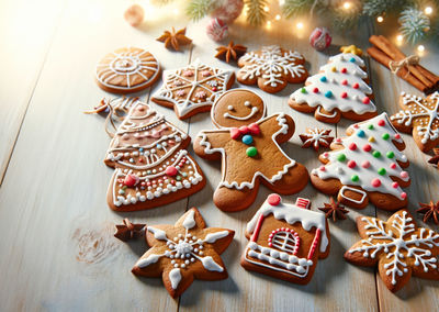 High angle view of gingerbread cookies on table